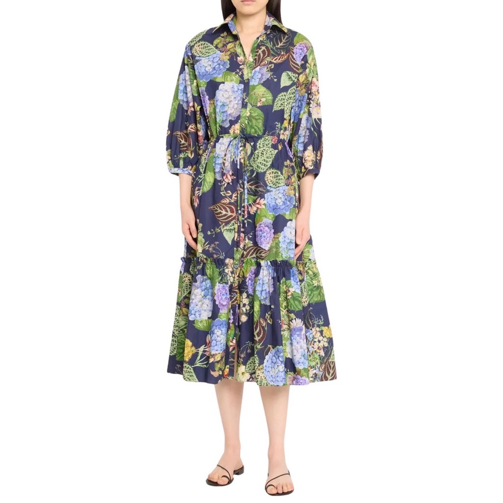 Cara Cara Avery Hydrangea Floral Blue Green White Hutton Dress Small EUC